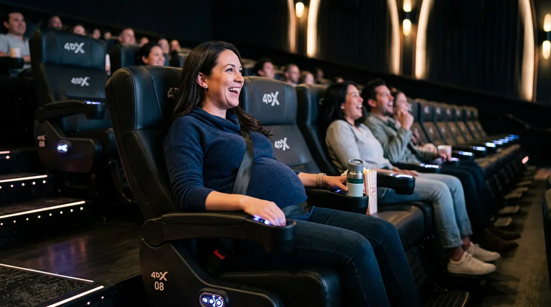 Bannière article femme enceinte 4DX Femme enceinte profitant d'une séance de cinéma 4DX