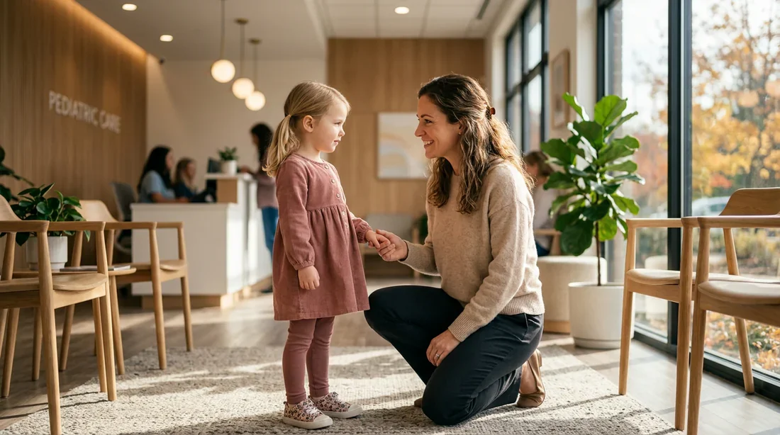 Un parent tenant la main de son enfant dans un cabinet médical lumineux