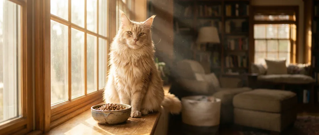 Analyse de la composition des croquettes pour la santé féline Chat Maine Coon majestueux assis près d'un bol de croquettes dans une lumière douce