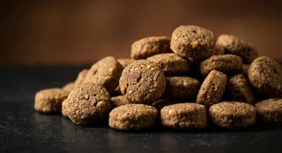 Gros plan macro sur la texture des croquettes pour chat