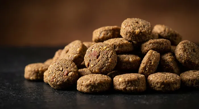 Gros plan macro sur la texture des croquettes pour chat