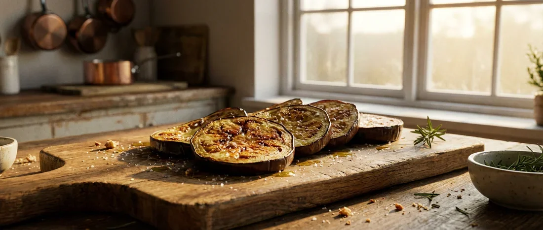 Aubergine coupée en deux sur une planche en bois révélant une chair légèrement marron à l'intérieur