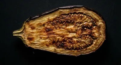 Gros plan macro sur la texture et les graines d'une aubergine brunie