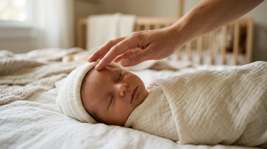 Détail d'une main rassurante posée sur le front d'un bébé