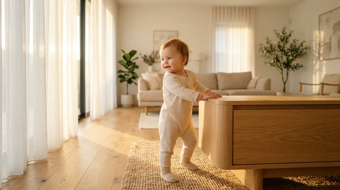 Un bébé de 7 mois se met debout en s'appuyant sur un meuble dans un salon lumineux.