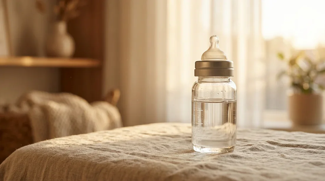 Biberon et eau : conseils de santé pour bébé Un biberon rempli d'eau posé sur un support en lin dans une lumière douce et élégante