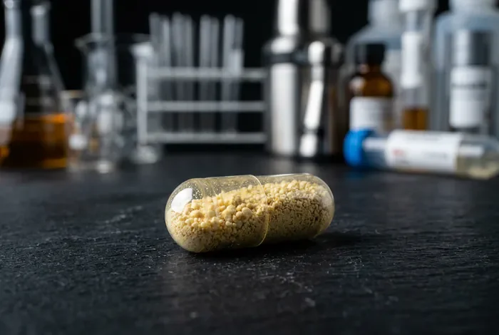 Gros plan macro d'une gélule de complément alimentaire
