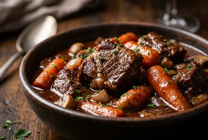 Gros plan sur les morceaux de bœuf et les carottes d'un bœuf bourguignon
