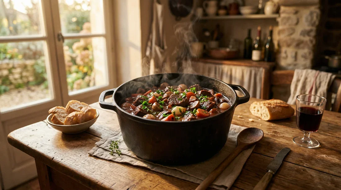 Bœuf bourguignon fumant sur une table rustique Un délicieux bœuf bourguignon mijoté dans une cocotte en fonte, idéal pour une alimentation saine pendant l'allaitement