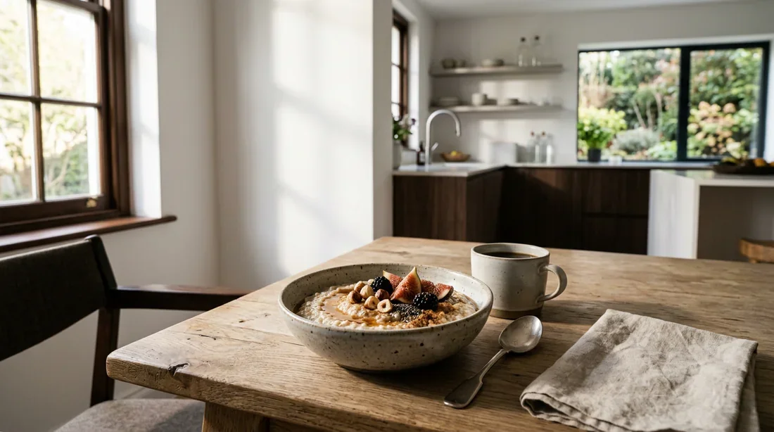 Un bol de bouillie gastronomique sur une table moderne au petit matin
