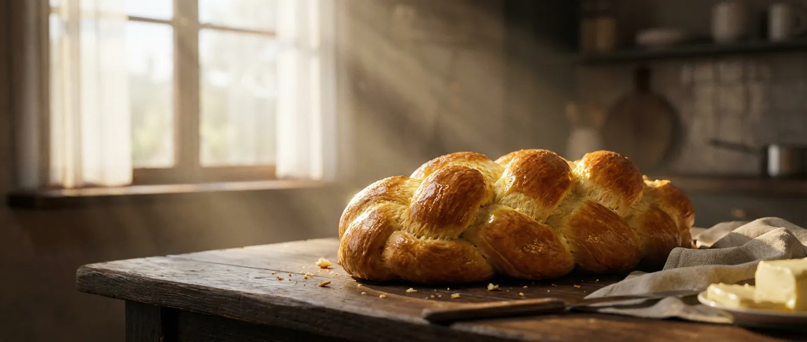 Une brioche tressée dorée sur une table en bois sombre baignée par la lumière du matin