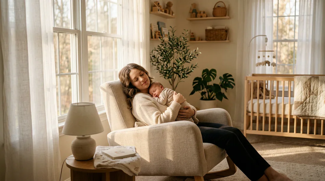 Une jeune maman dans une chambre lumineuse et apaisante