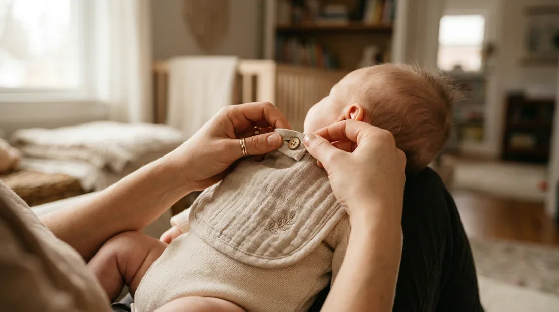 Une mère attache délicatement un bavoir autour du cou de son bébé, illustrant le soin au quotidien.