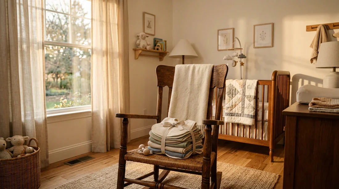 Une pile de bavoirs pour bébé soigneusement rangée dans une chambre d'enfant lumineuse et chaleureuse.