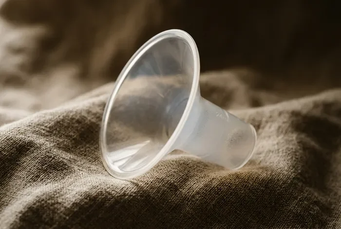 Accessoire de tire-lait posé sur un tissu en lin, style minimaliste