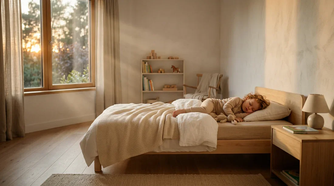 Un sommeil serein : Comprendre les fuites nocturnes chez le tout-petit Un enfant en bas âge dormant paisiblement dans une chambre lumineuse et apaisante