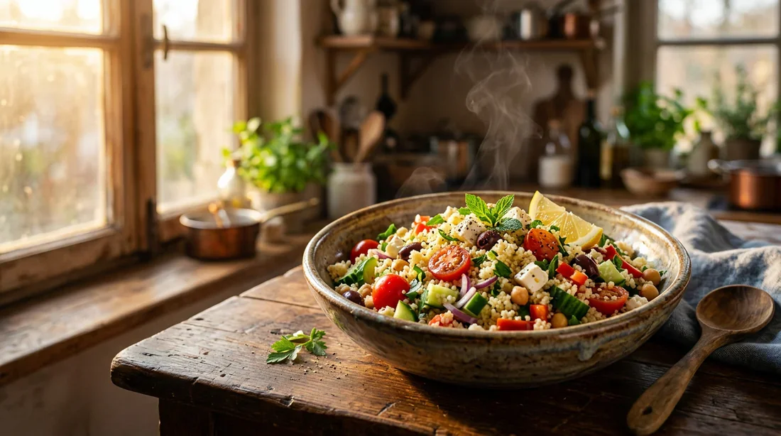 Un bol de couscous sain et équilibré avec des légumes frais dans une lumière chaleureuse