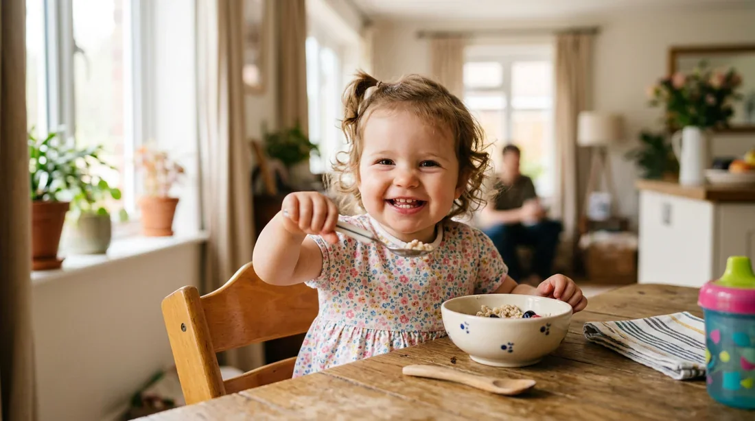 Enfant en bas âge apprenant à manger seul à table