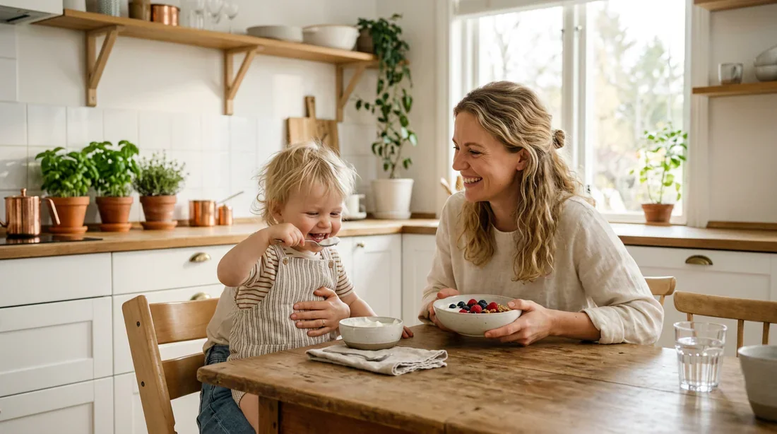 Mère et enfant partageant un moment complice autour d'un goûter sain