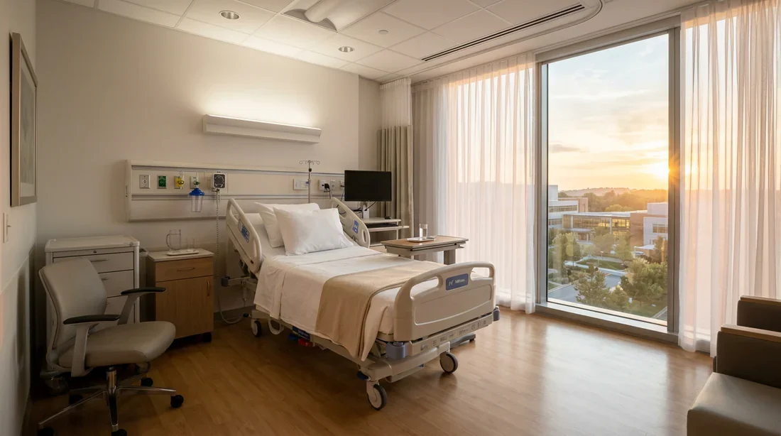Chambre d'hôpital moderne et apaisante avec un lit médicalisé préparé