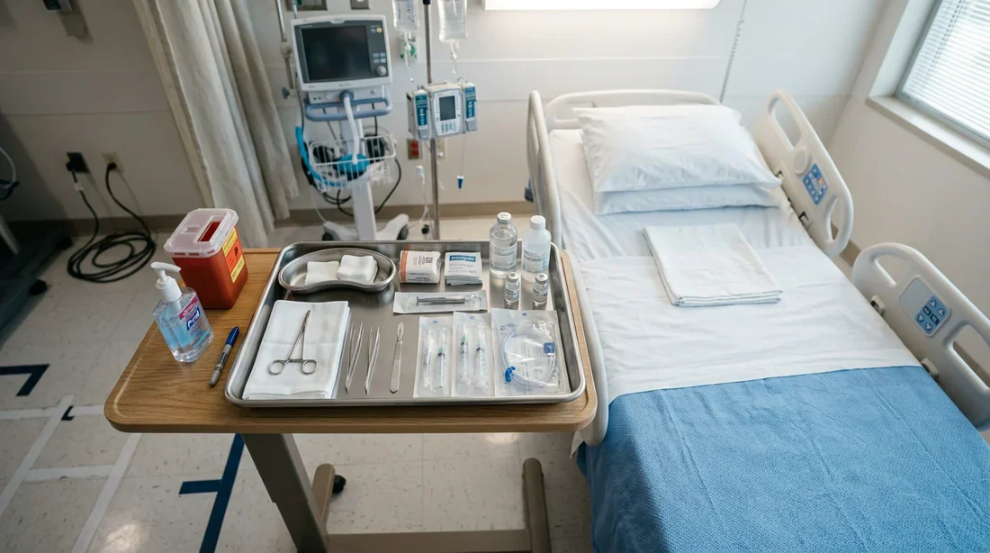 Préparation du matériel de soins pour le confort du patient au lit