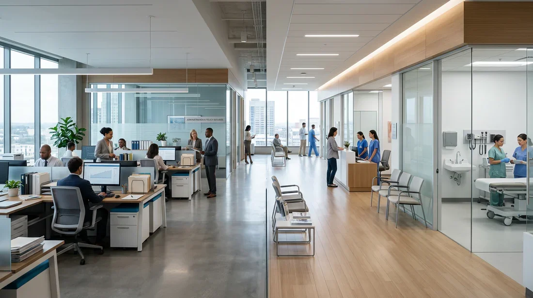 Le choix du régime de santé pour les fonctionnaires Un bureau administratif lumineux et moderne évoquant la transition vers des soins de santé