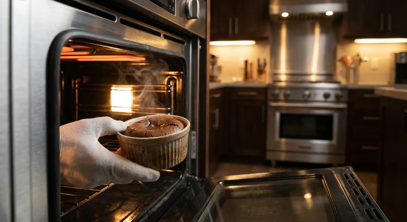 Gâteau au chocolat en cours de cuisson dans un four moderne pour assurer la sécurité alimentaire.
