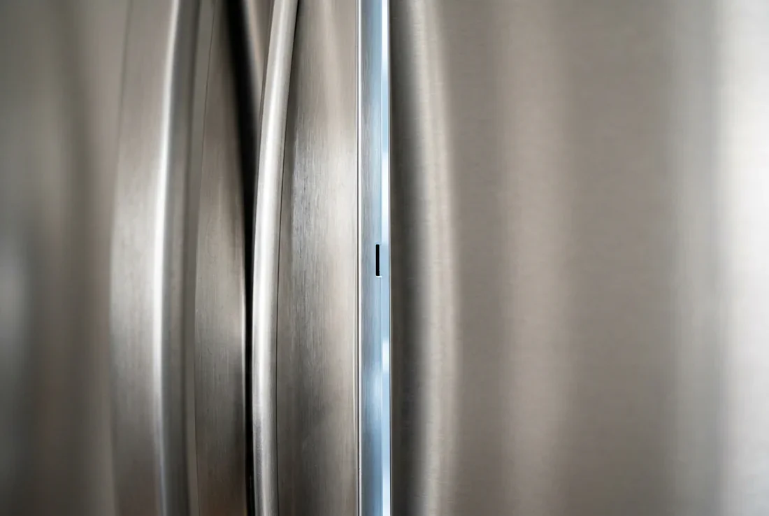 Le danger d'un réfrigérateur mal fermé Un réfrigérateur resté entrouvert dans une cuisine moderne plongée dans la pénombre