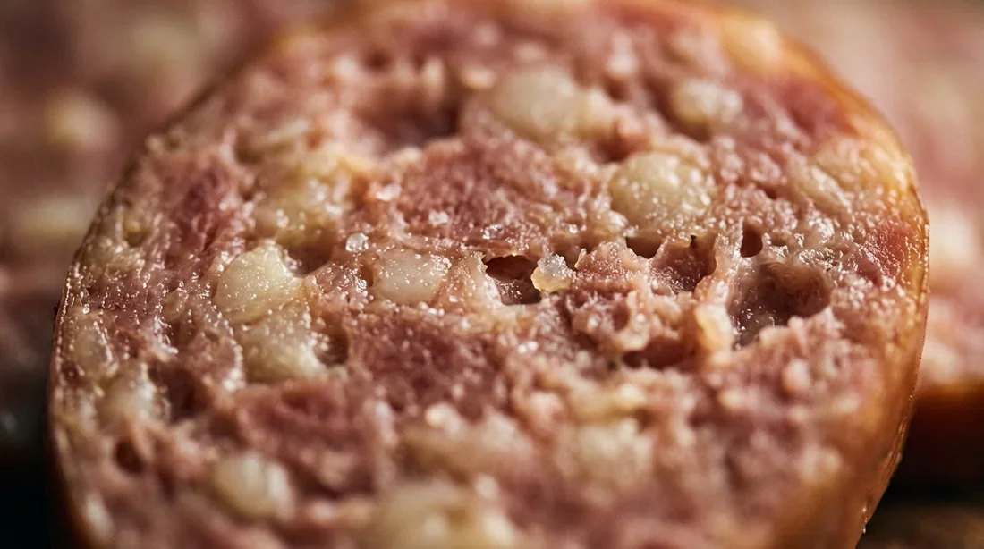 Une saucisse sous vide sur un comptoir en marbre, éclairage dramatique