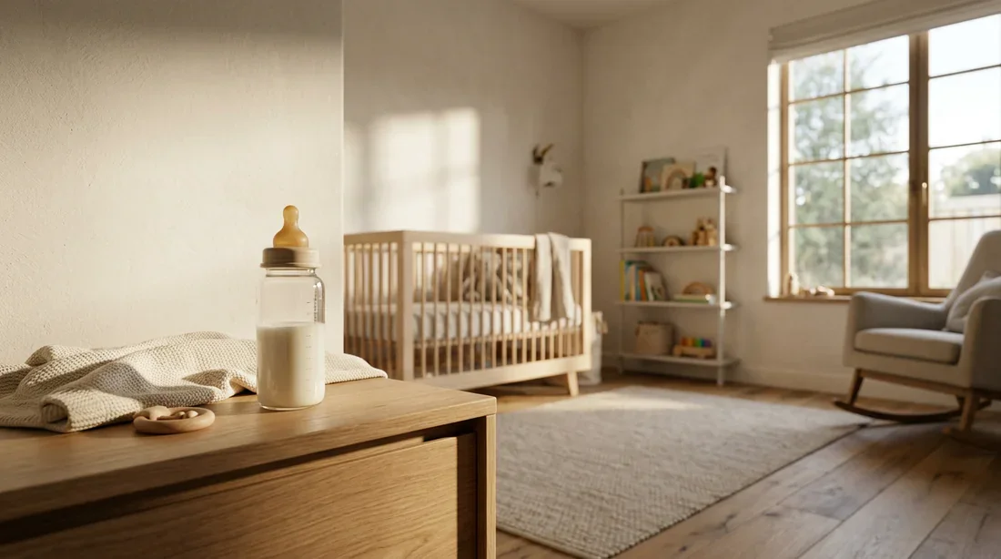 Le remboursement du lait Novalac Allernova AR Biberon de lait infantile posé sur une table en bois dans une chambre de bébé baignée de lumière naturelle.