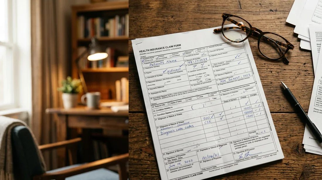 Documents administratifs et lunettes de lecture sur un bureau, symbolisant la gestion du dossier de remboursement médical.