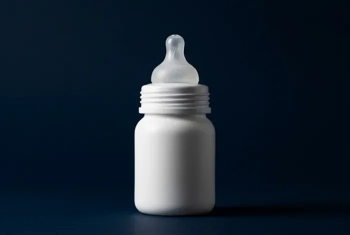Vue rapprochée et minimaliste d'un biberon sur fond bleu marine.