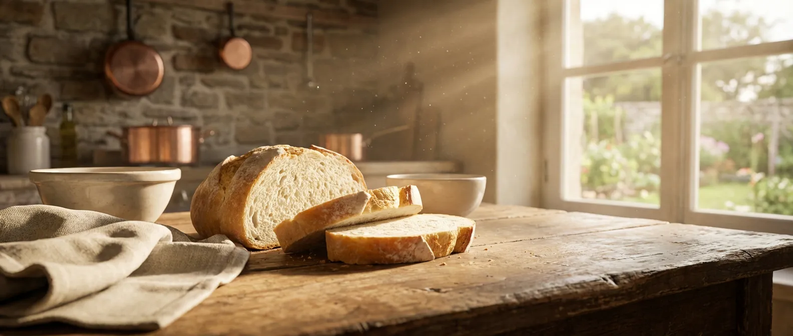 Gros plan artistique et cinématique de tranches de pain de mie sur une table en bois sous une lumière naturelle