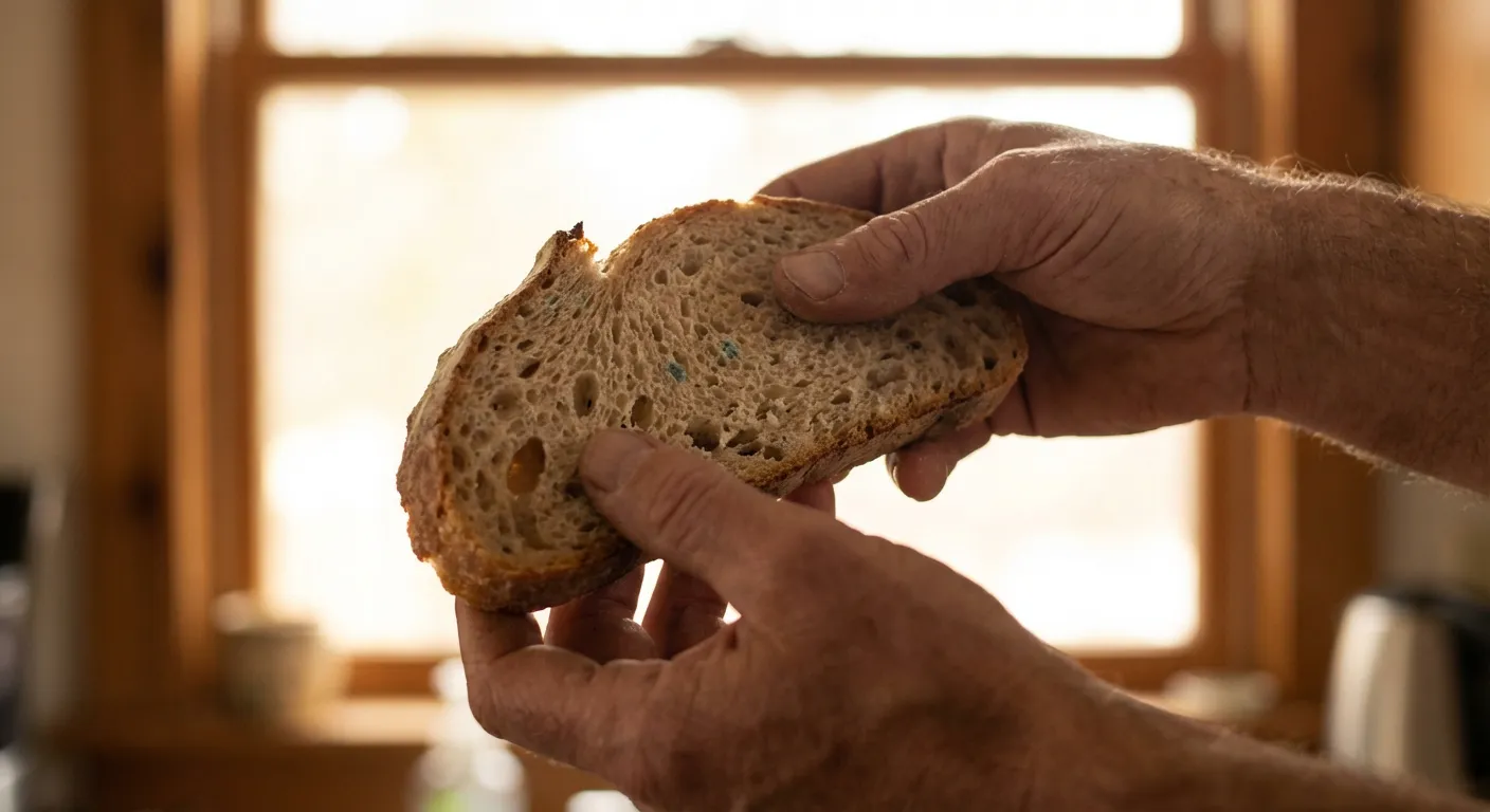 Inspection d'une tranche de pain de mie pour vérifier la présence de moisissure