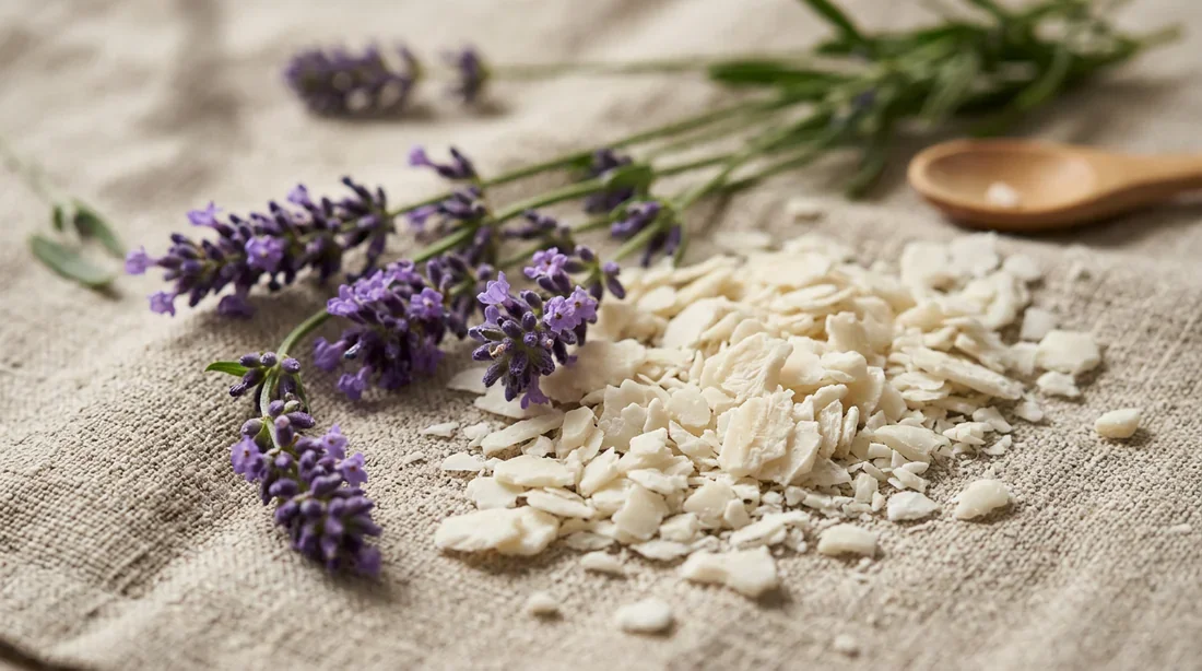 Les bienfaits des ingrédients naturels pour votre santé Détail macro de flocons de savon naturel et de lavande pour un lavage écologique
