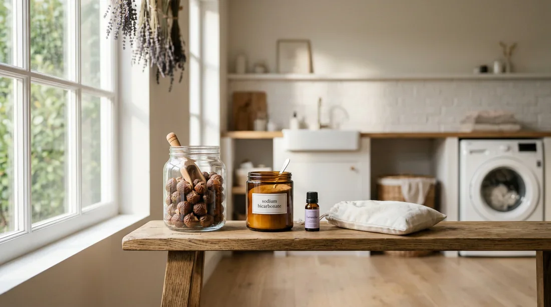 Alternatives naturelles pour un entretien du linge sain Une buanderie minimaliste baignée de lumière naturelle pour illustrer le remplacement de la lessive