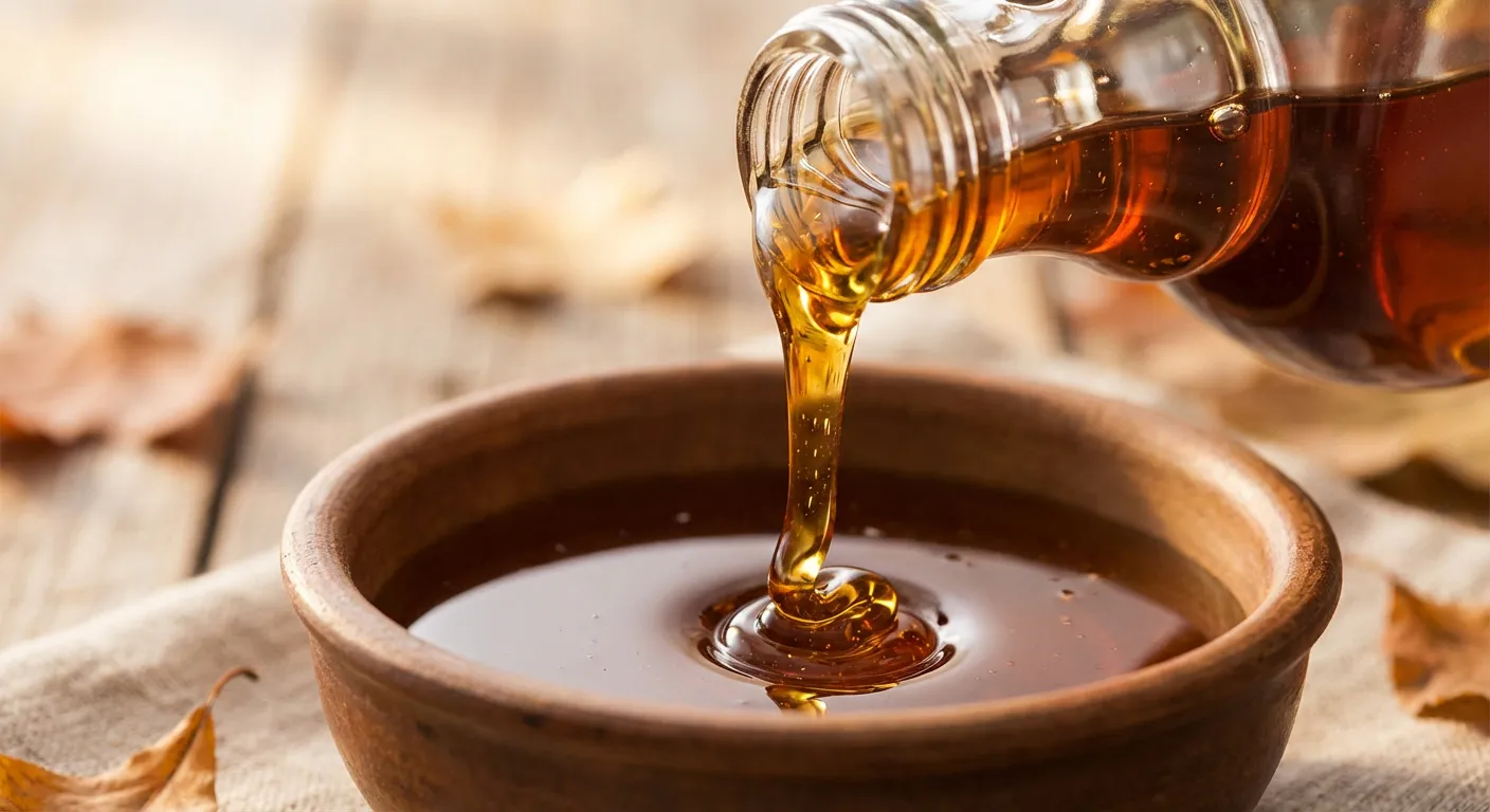 Versement de sirop d'érable liquide pour illustrer une alternative saine en cuisine