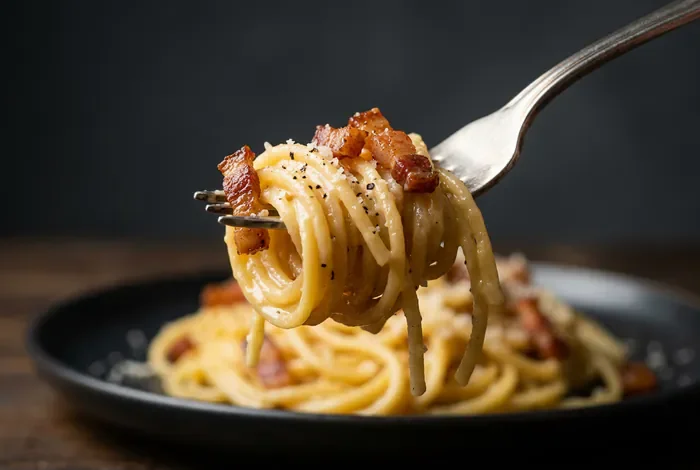 Gros plan gastronomique sur une fourchette de pâtes carbonara