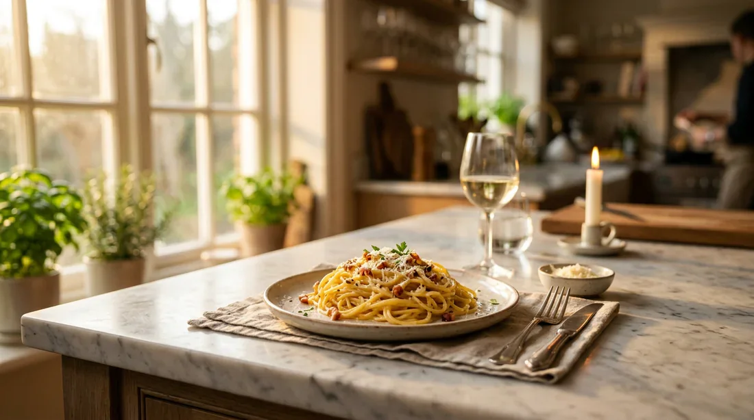 Une assiette de pâtes carbonara gourmande photographiée dans une cuisine lumineuse