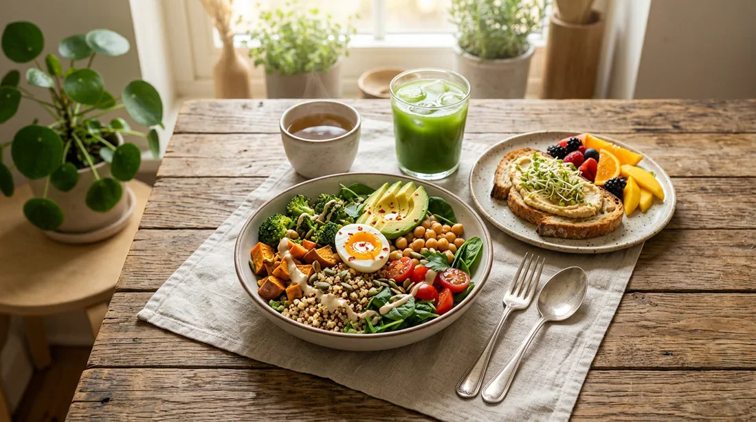 Illustration de la nutrition adaptée après une appendicite Illustration d'un repas équilibré et nutritif favorisant la récupération post-opératoire