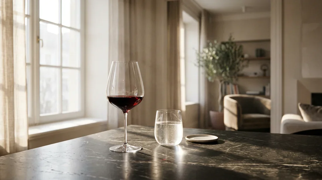 Un verre de vin rouge élégant sur une table en marbre, ambiance raffinée et lumineuse.