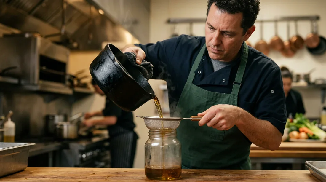 Chef filtrant délicatement de l'huile de cuisson à travers un tamis