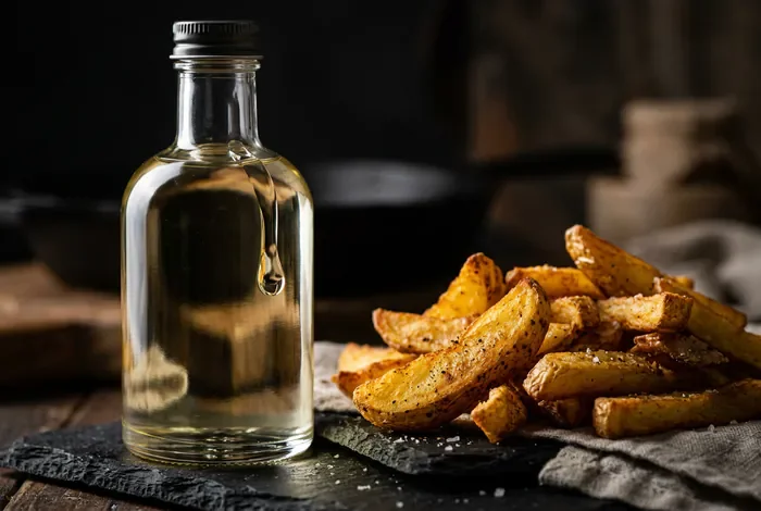 Gros plan minimaliste sur une bouteille d'huile de cuisson et des aliments dorés