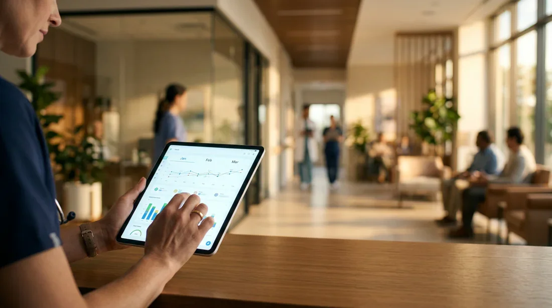 Passage au suivi médical de trois mois Un médecin examinant une tablette avec des données de suivi médical sur trois mois dans un cabinet moderne.