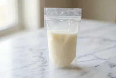 Miniature minimaliste montrant une poche de recueil de lait maternel sur fond épuré.