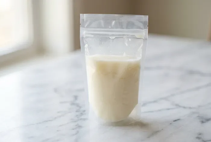 Miniature minimaliste montrant une poche de recueil de lait maternel sur fond épuré.
