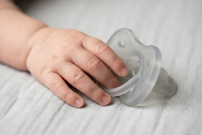 Bébé 2 mois ne tient pas sa tétine : causes et solutions Gros plan minimaliste sur la main d'un nourrisson et une tétine