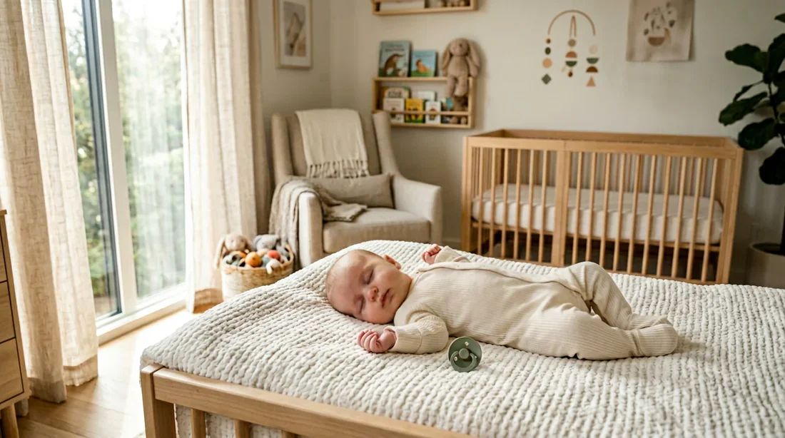 Un bébé de 2 mois apaisé dans une chambre lumineuse avec sa tétine à proximité