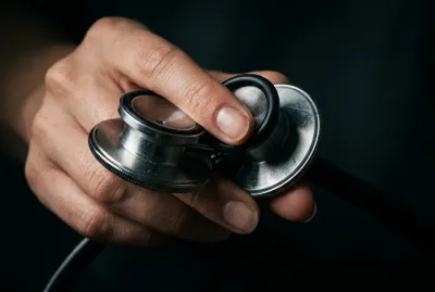 Stéthoscope tenu par une main, symbole de suivi médical pendant la grossesse