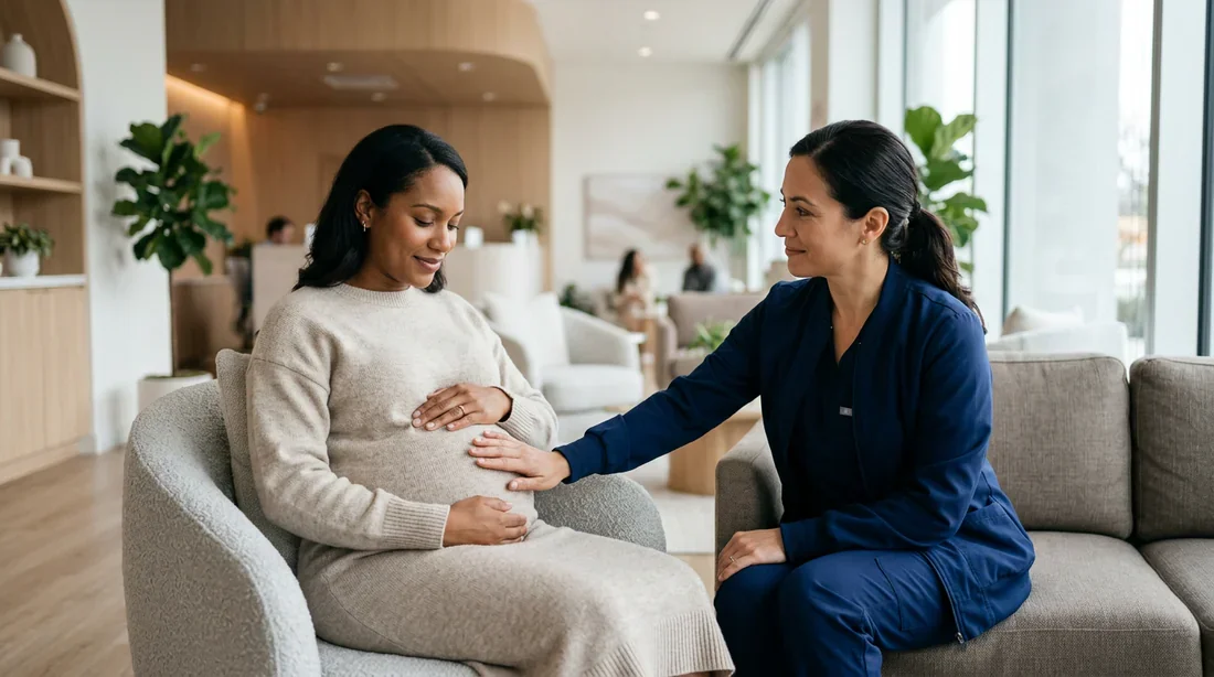 Douleur après examen du col grossesse - Illustration principale Une femme enceinte dans un cabinet médical lumineux et serein